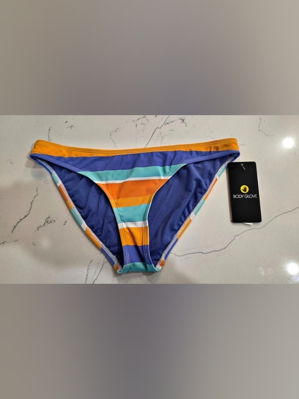 NWT Body Glove Harmony Nuevo Ribbed Striped Orange Blue Bikini Bottom Sz M L